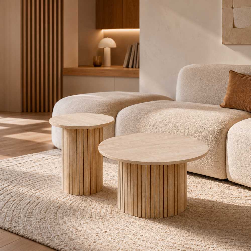 Duo de tables basses rondes en finition bois clair