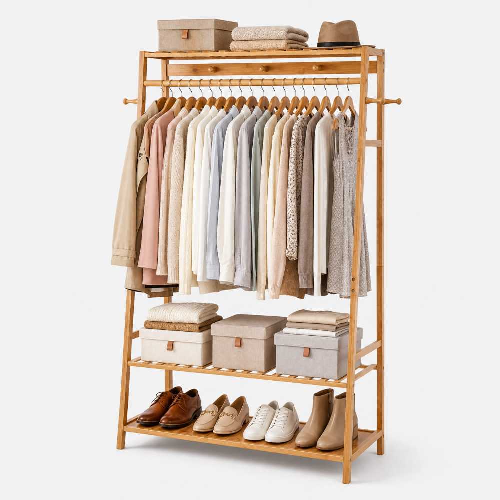 Portant à vêtements en bambou avec étagères à chaussures