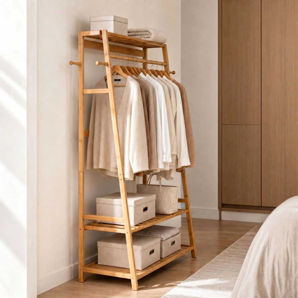 Portant à vêtements en bambou avec étagères à chaussures