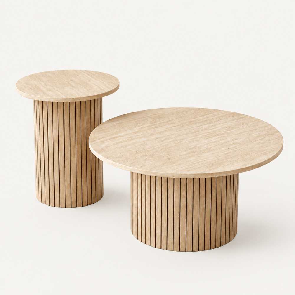 Duo de tables basses rondes en finition bois clair