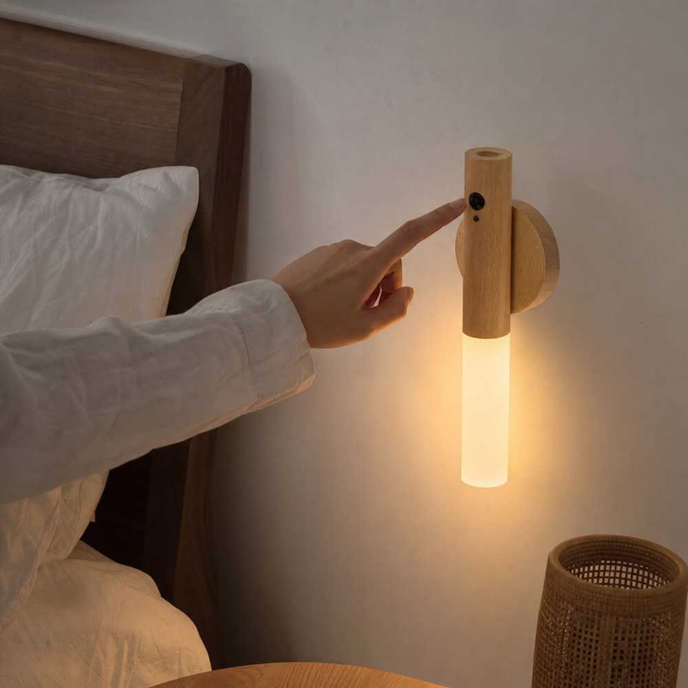 Applique murale LED finition bois avec bouton de commande près du lit