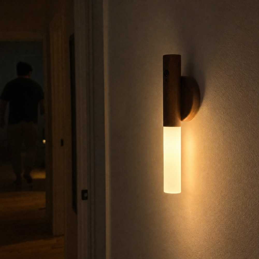 Applique murale LED finition bois avec éclairage blanc chaud dans un couloir