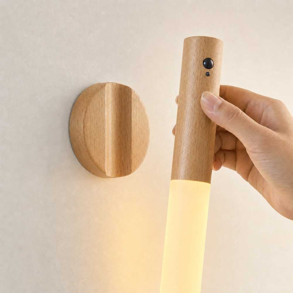 Applique murale LED finition bois avec lampe amovible retirée de son support mural