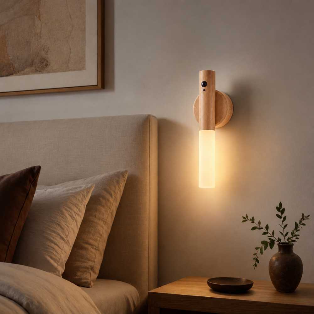 Applique murale LED finition bois clair installée à côté du lit