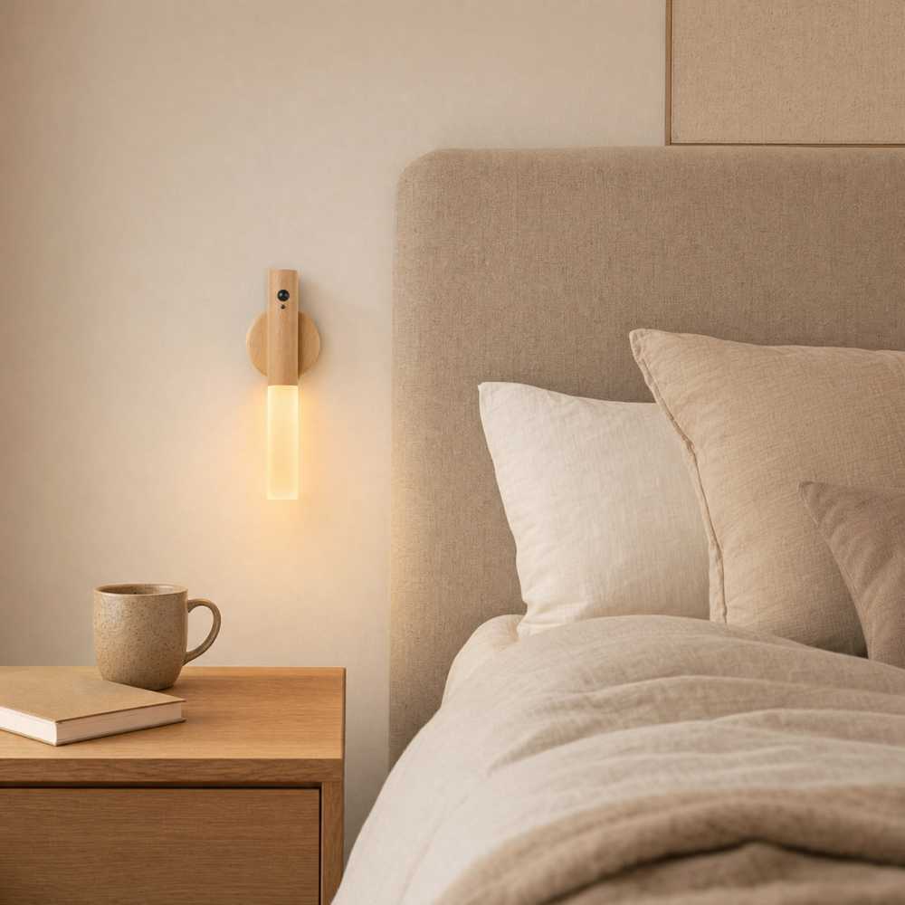 Applique murale LED finition bois installée comme lampe de chevet