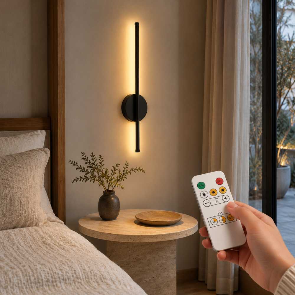 Applique murale LED noire avec télécommande installée près du lit