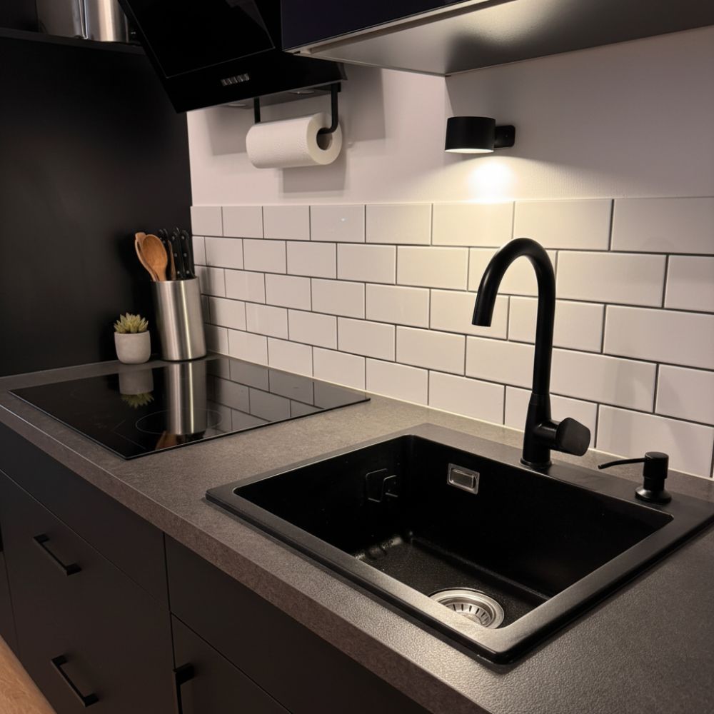 Applique murale LED noire éclairant le plan de travail d’une cuisine