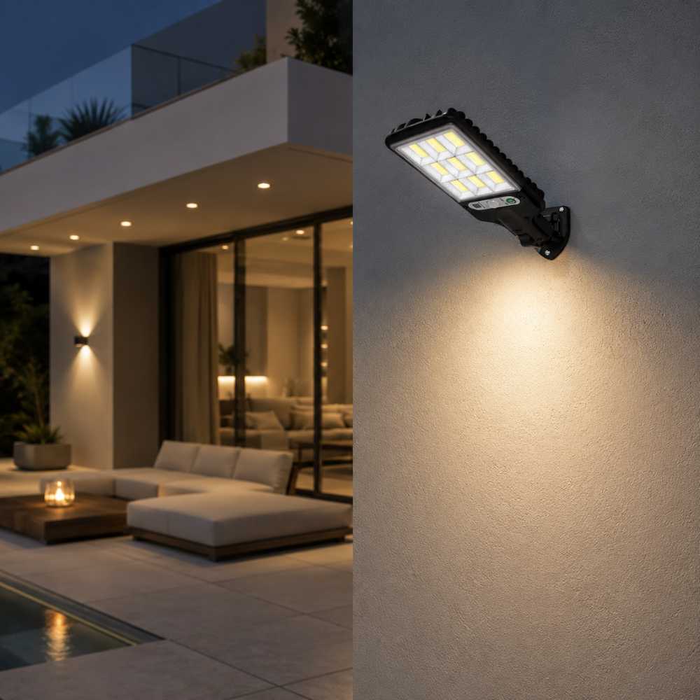 Applique solaire LED murale éclairant une terrasse extérieure de nuit