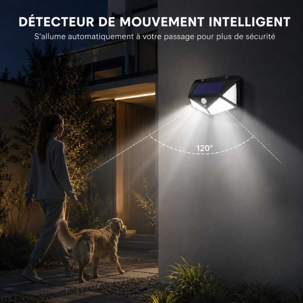 Applique solaire avec détecteur de mouvement à 120° pour extérieur