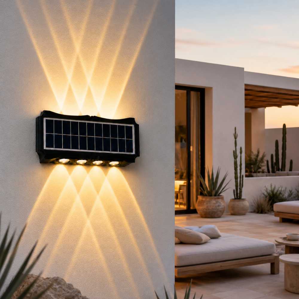 Applique solaire extérieure noire avec éclairage décoratif haut et bas sur mur de terrasse