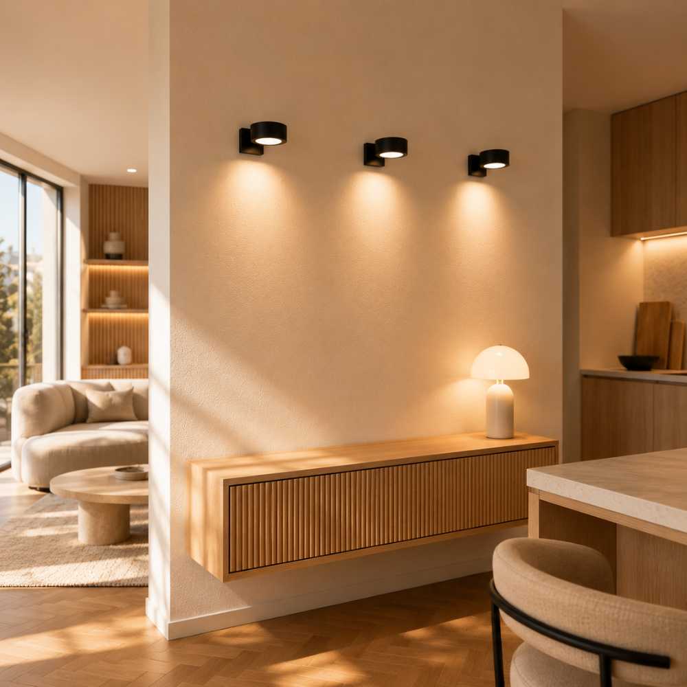 Appliques murales LED sans fil installées dans un intérieur moderne avec éclairage chaleureux