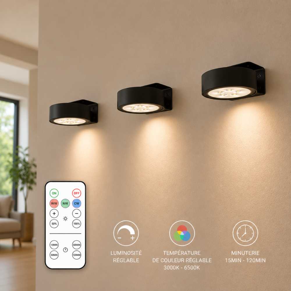 Appliques murales LED sans fil noires avec lumière réglable et télécommande