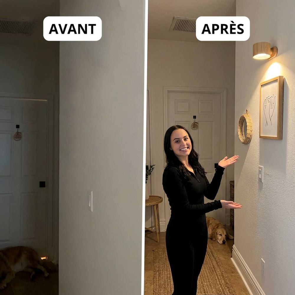 Avant après avec applique murale LED finition bois éclairant une entrée