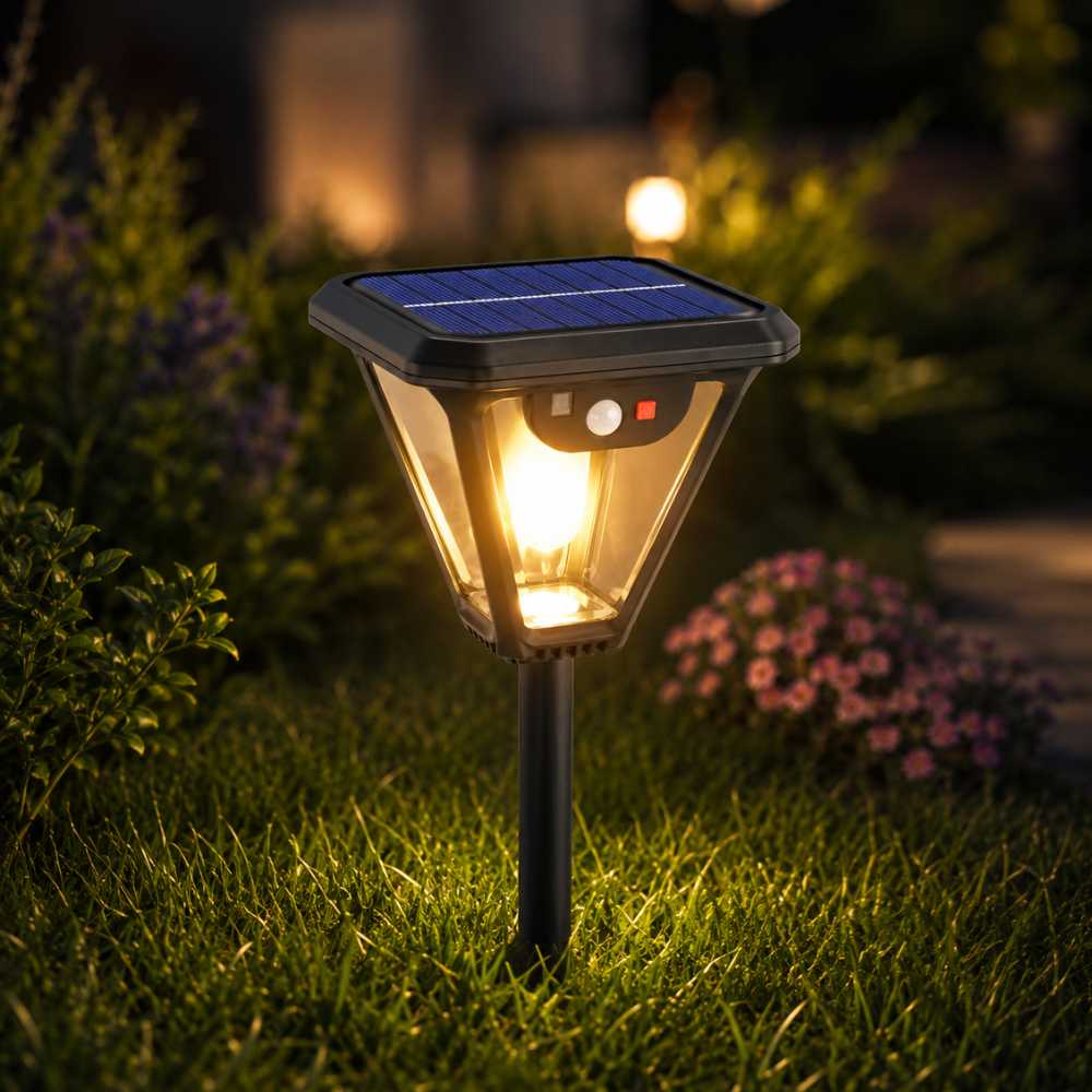 Borne solaire LED de jardin avec détecteur et éclairage blanc chaud