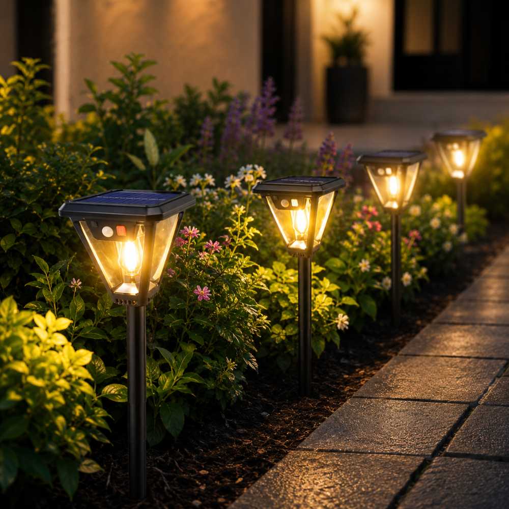 Bornes solaires LED pour éclairer une allée et des massifs de jardin