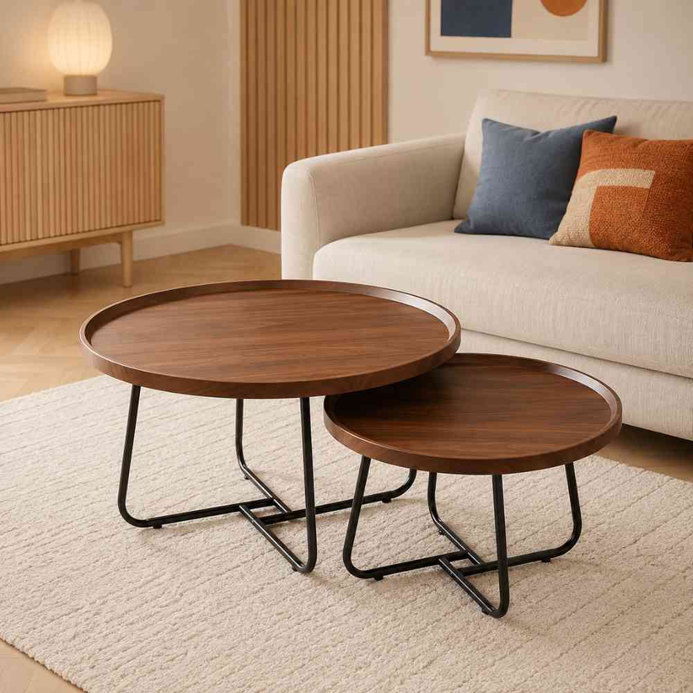 Deux tables basses rondes gigognes en bois brun et métal noir