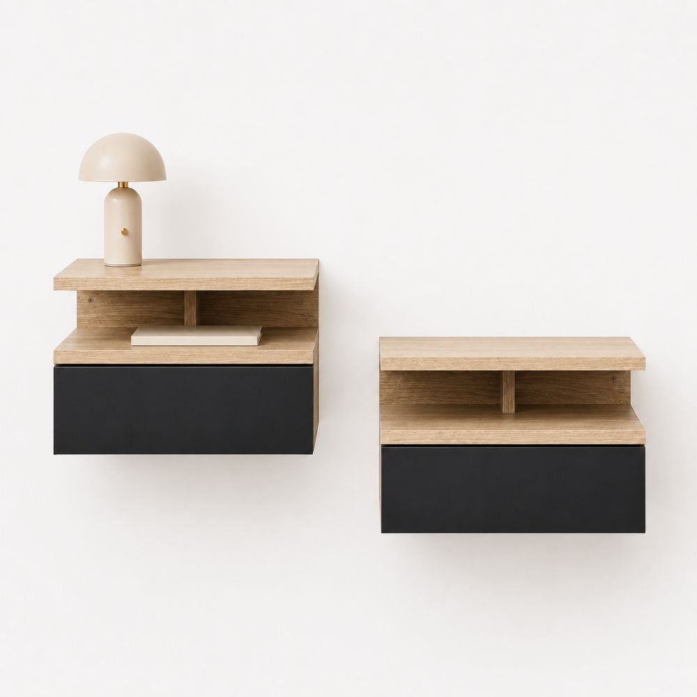 Deux tables de chevet murales bois clair avec tiroir noir et espace ouvert