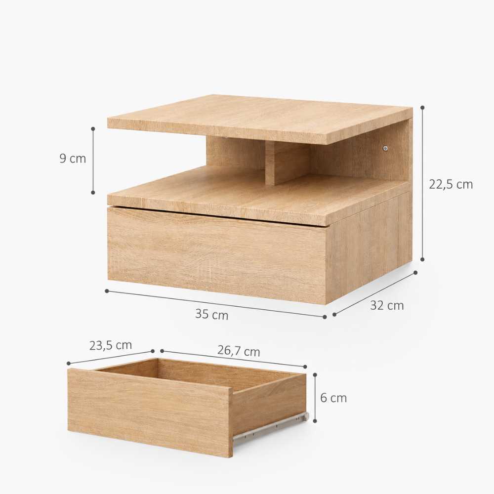 Dimensions de la table de chevet murale : 35 × 32 × 22,5 cm