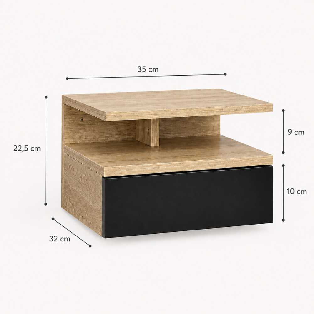 Dimensions de la table de chevet murale bois clair et noir avec tiroir et niche