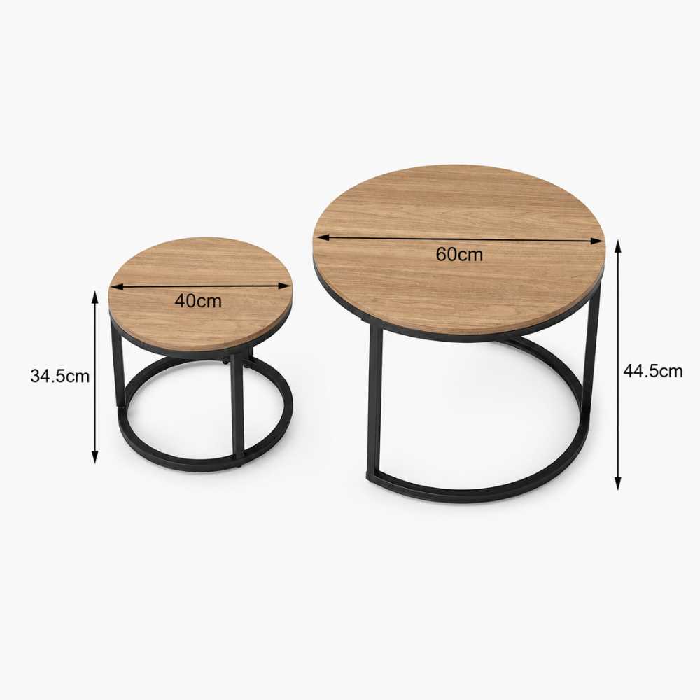 Dimensions des tables basses rondes : 60 × 44,5 cm et 40 × 34,5 cm