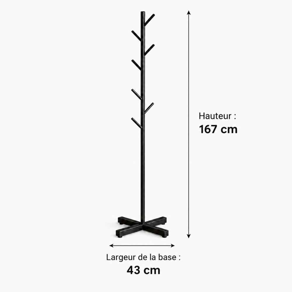 Dimensions du porte-manteau sur pied noir hauteur 167 cm et base 43 cm