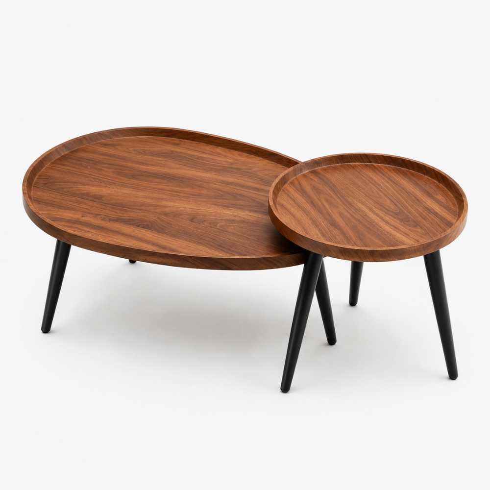 Duo de tables basses modulables avec plateaux finition bois brun et pieds noirs