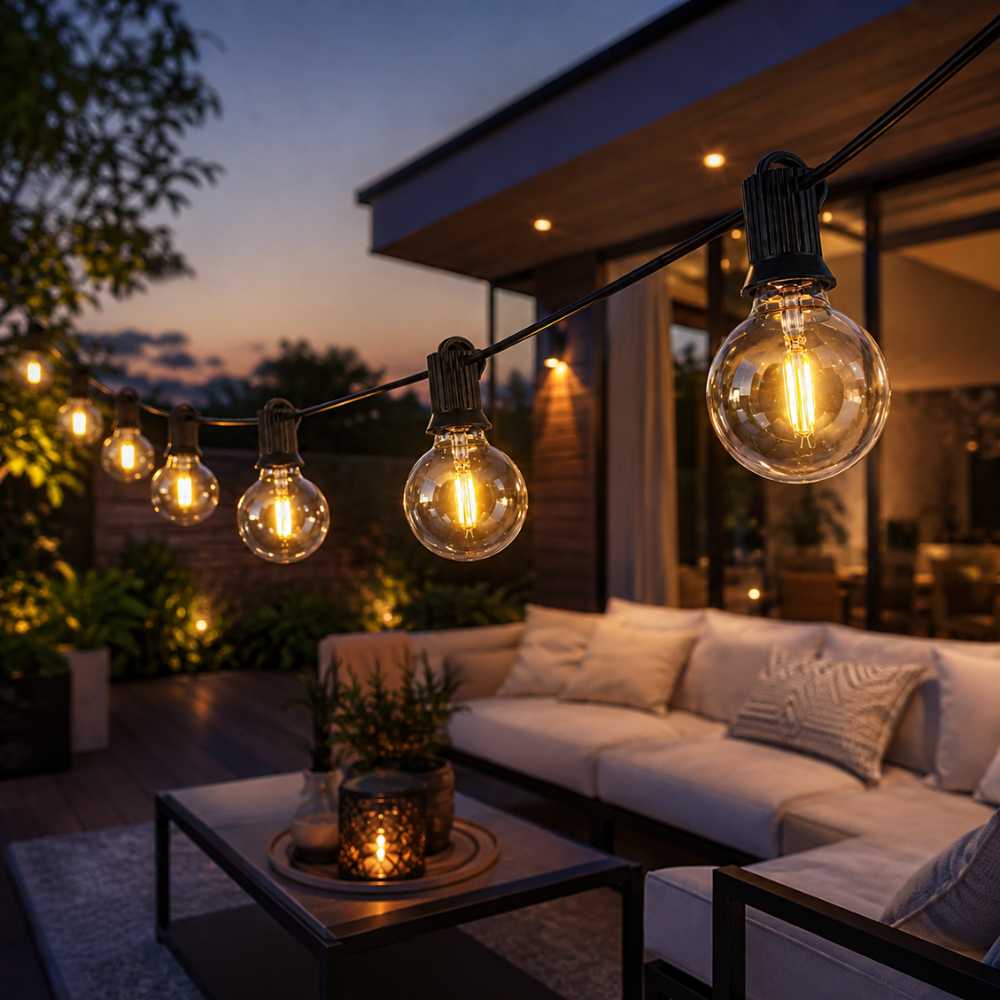 Guirlande lumineuse solaire à lumière chaude installée sur une terrasse extérieure