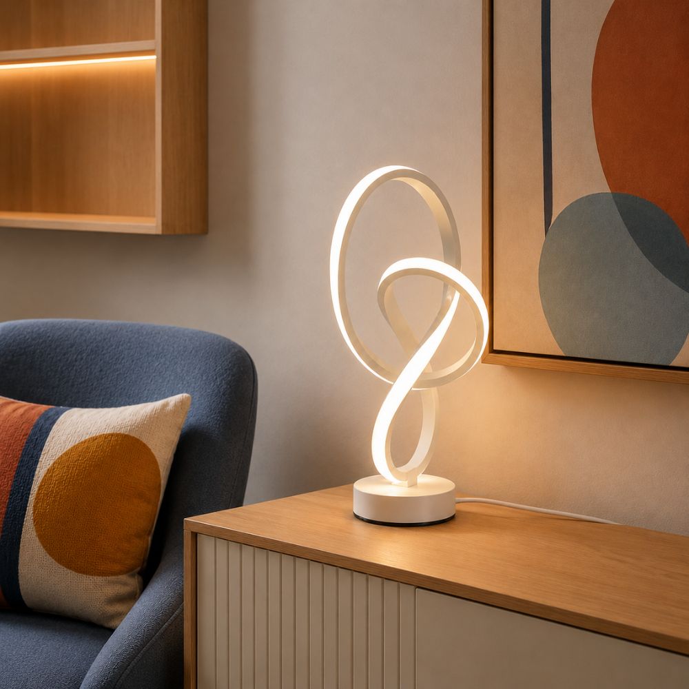 Lampe LED blanche décorative au design entrelacé sur un meuble