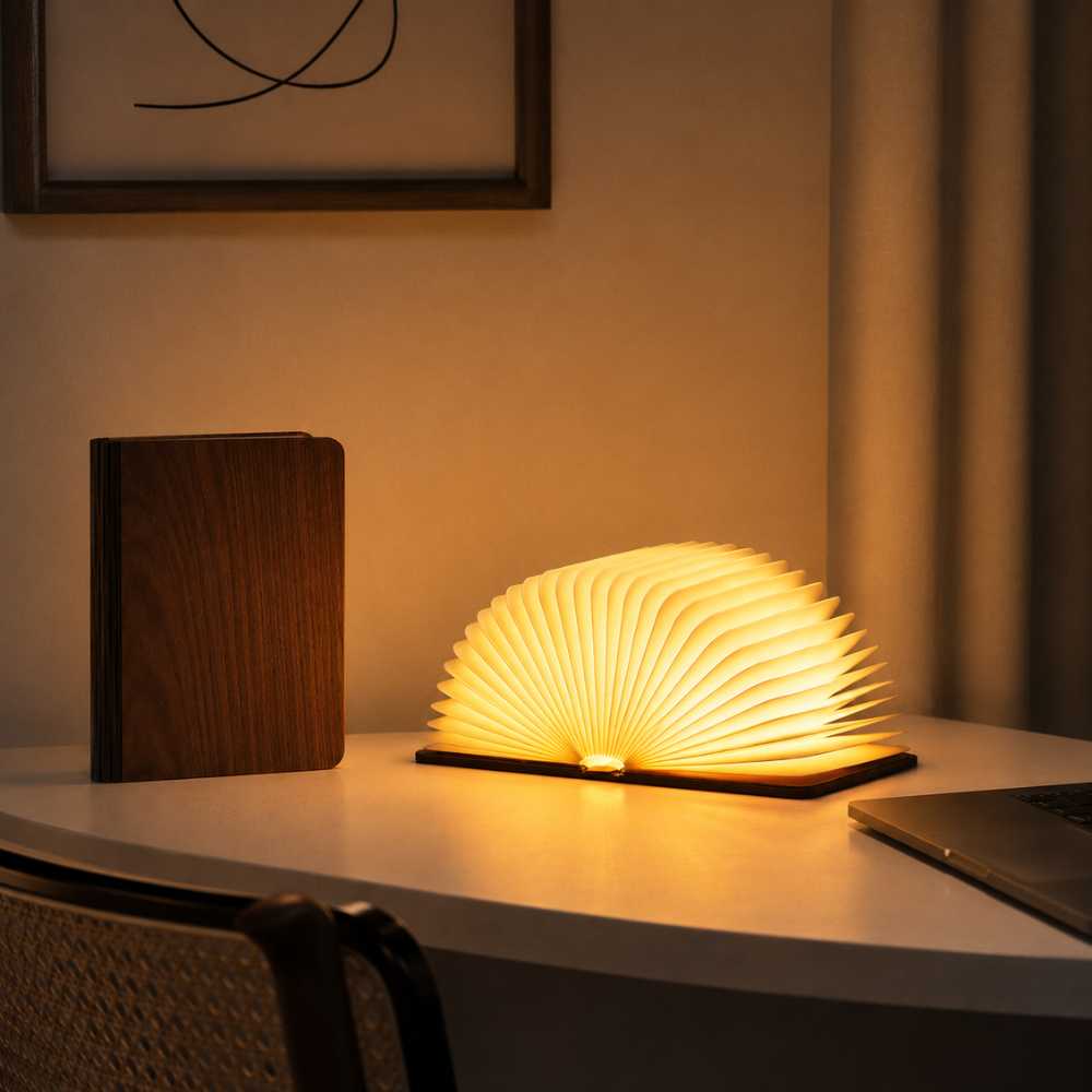 Lampe LED en forme de livre ouverte sur un bureau avec lumière chaude