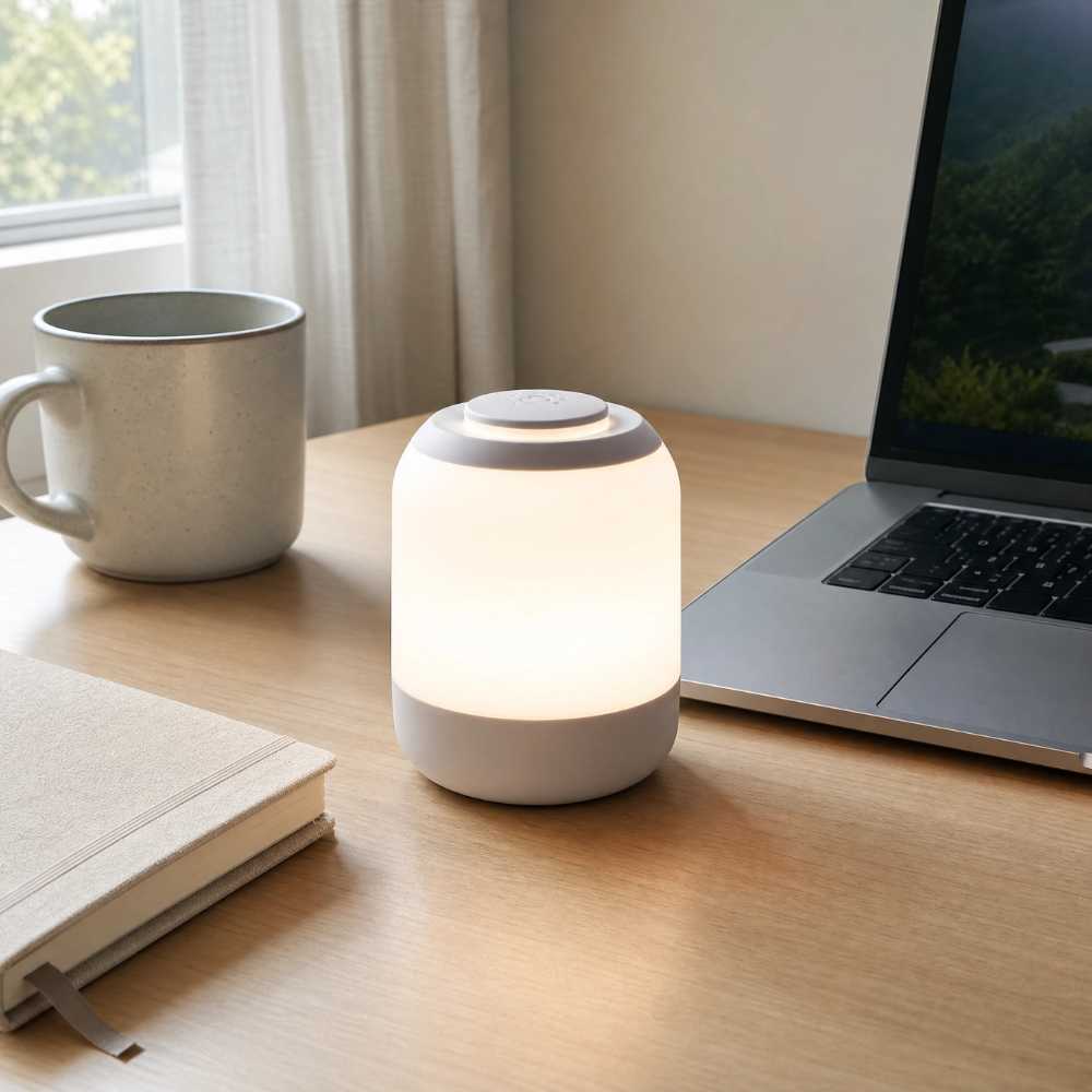 Lampe LED sans fil blanche utilisée comme lampe de bureau
