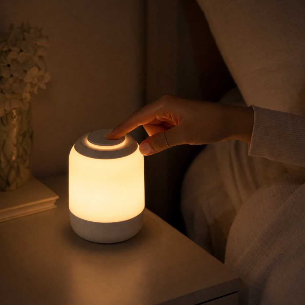 Lampe LED tactile sans fil avec commande sur le dessus près du lit