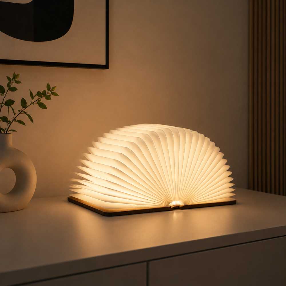 Lampe décorative LED en forme de livre diffusant une lumière chaude