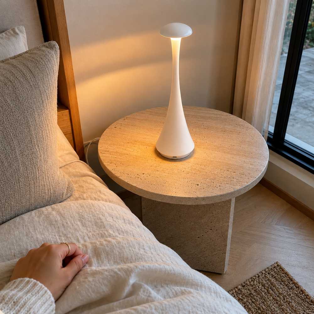 Lampe de chevet LED blanche diffusant une lumière chaude près du lit