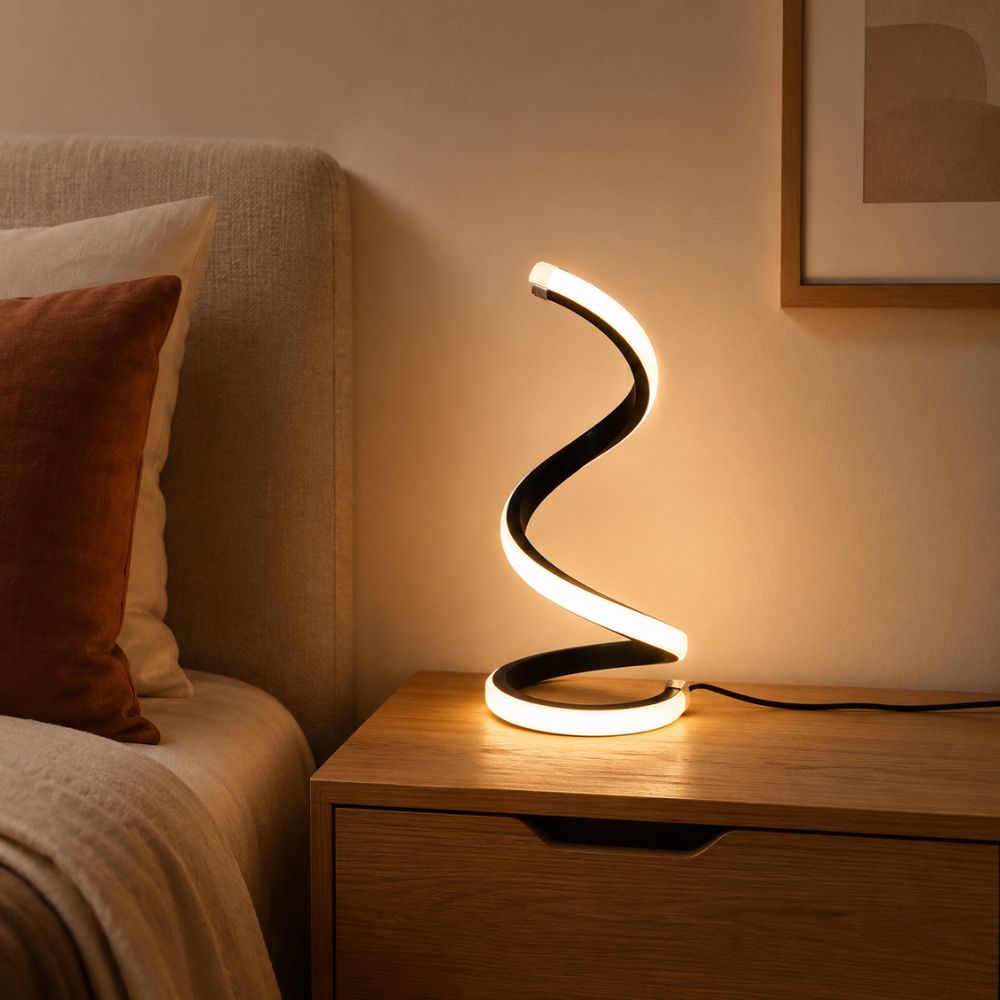 Lampe de chevet LED en spirale noire avec éclairage blanc chaud