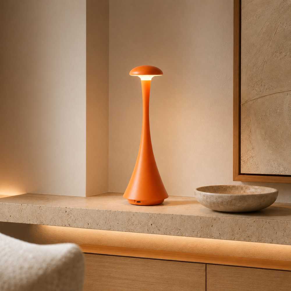 Lampe de chevet LED orange posée sur un meuble avec éclairage chaleureux