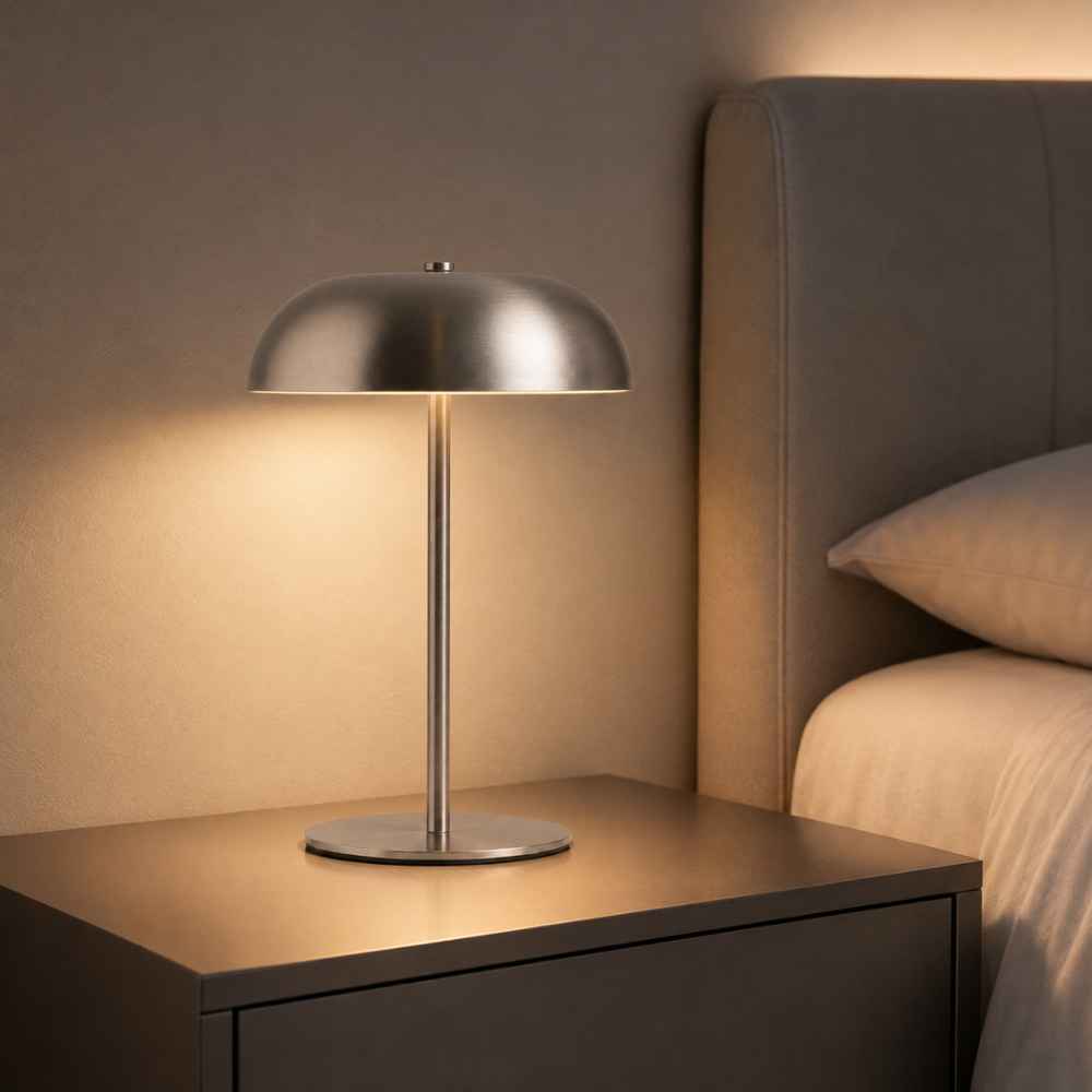 Lampe de chevet argentée diffusant une lumière douce dans une chambre