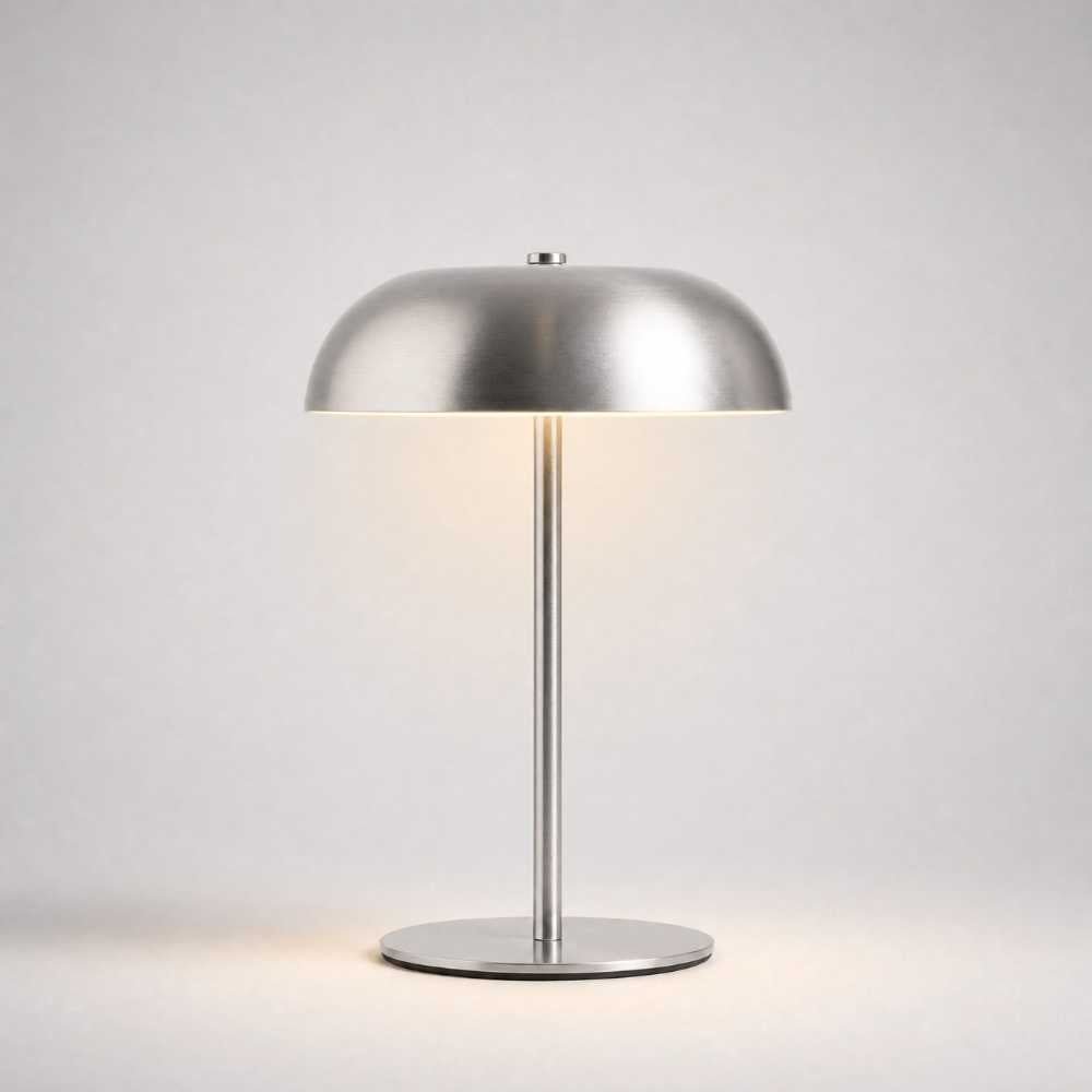 Lampe de chevet argentée moderne avec abat-jour dôme et base ronde