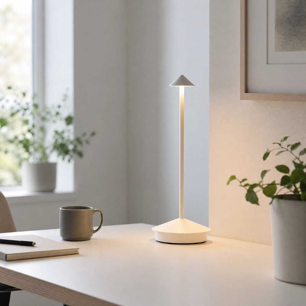 Lampe de chevet blanche au design moderne posée sur un bureau