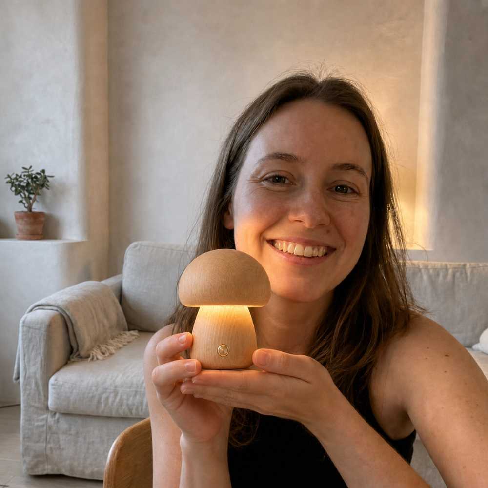 Lampe de chevet champignon compacte tenue à la main, finition bois clair