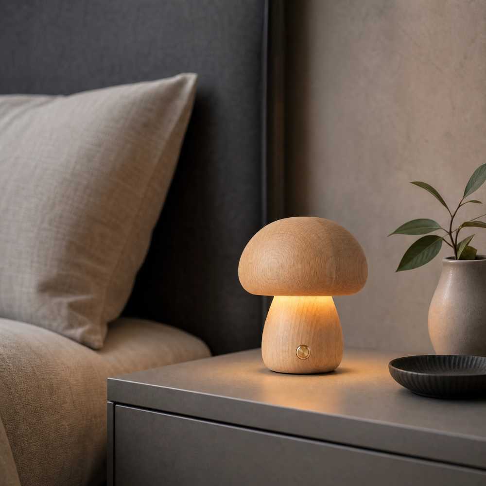 Lampe de chevet champignon finition bois clair avec éclairage chaleureux