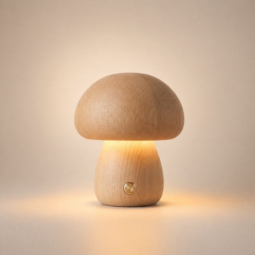 Lampe de chevet champignon finition bois clair avec lumière douce et chaude