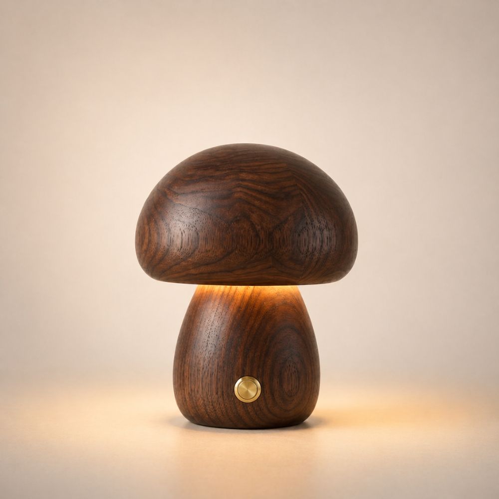 Lampe de chevet champignon finition bois foncé