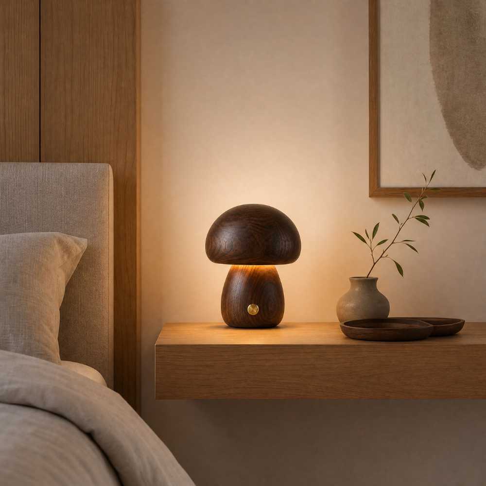 Lampe de chevet champignon finition bois foncé diffusant une lumière chaude