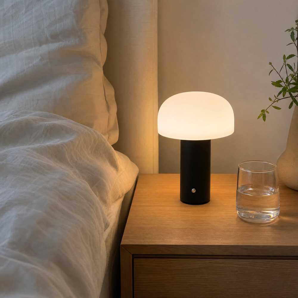 Lampe de chevet champignon noire diffusant une lumière chaude