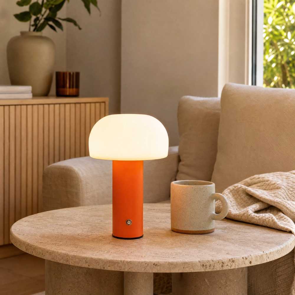 Lampe de chevet champignon orange sur table d’appoint