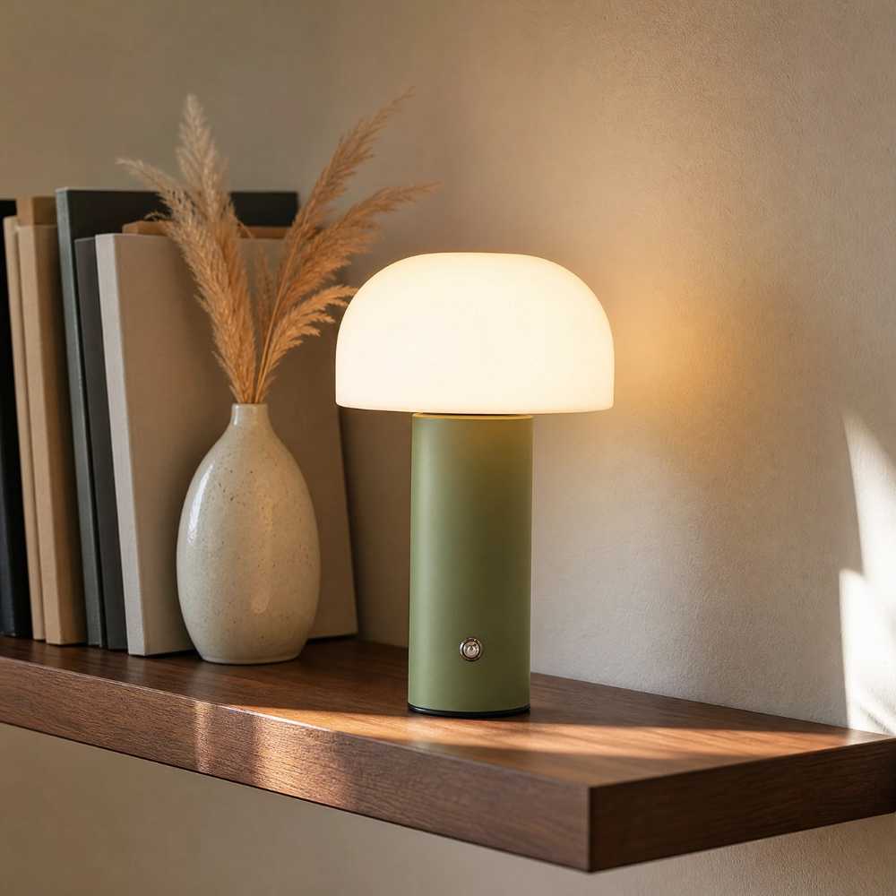 Lampe de chevet champignon verte sur étagère en bois