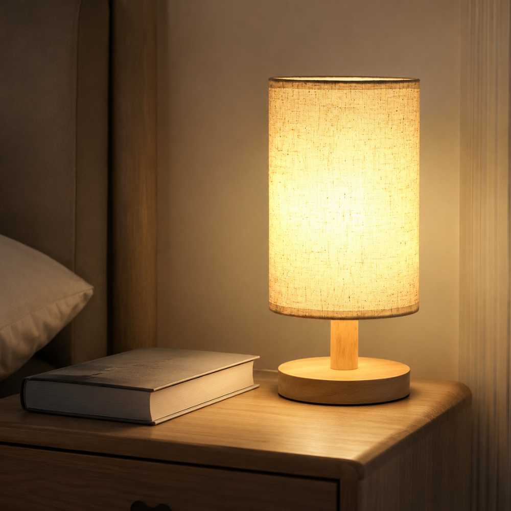 Lampe de chevet en bois avec abat-jour cylindrique diffusant une lumière chaude