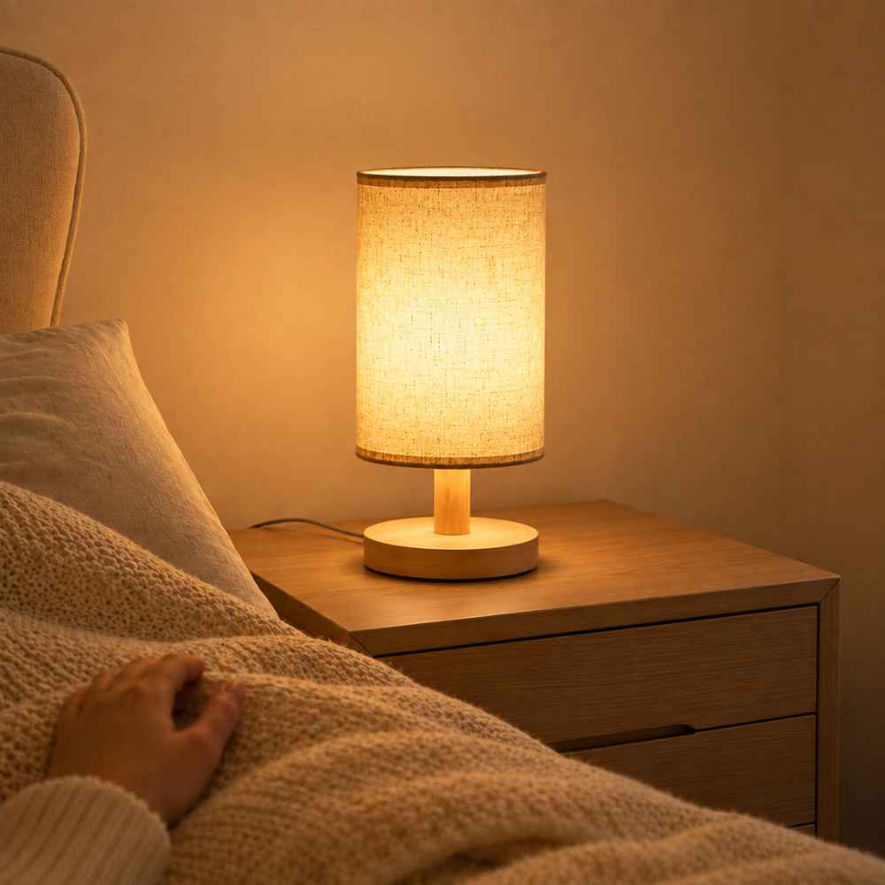 Lampe de chevet à lumière chaude avec abat-jour cylindrique en tissu