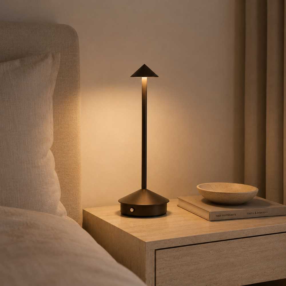 Lampe de chevet marron diffusant une lumière chaude dans une chambre