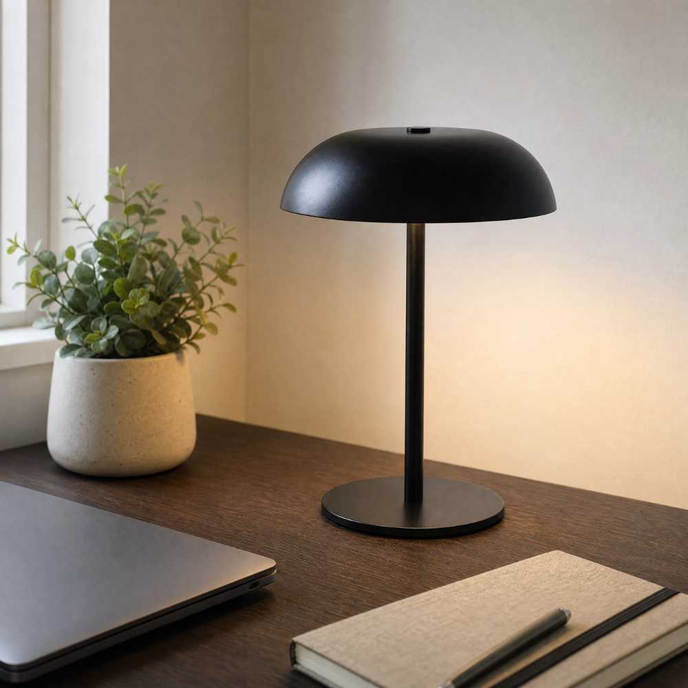 Lampe de chevet noire à abat-jour dôme avec éclairage chaleureux
